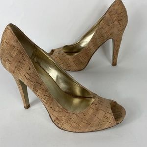 Nine West Tan Cork Heel Peep Toe 4" Pumps Shoes Size 8